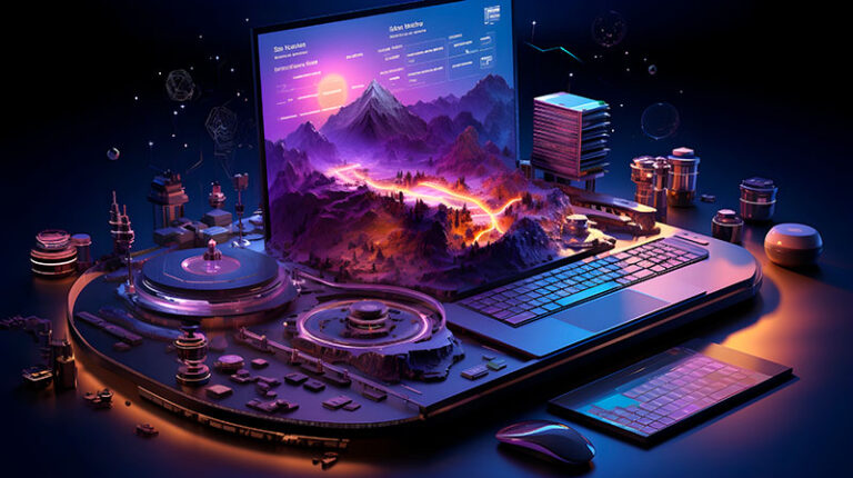 Ilustração de um notebook e em volta componentes de tecnologia em um belo design.